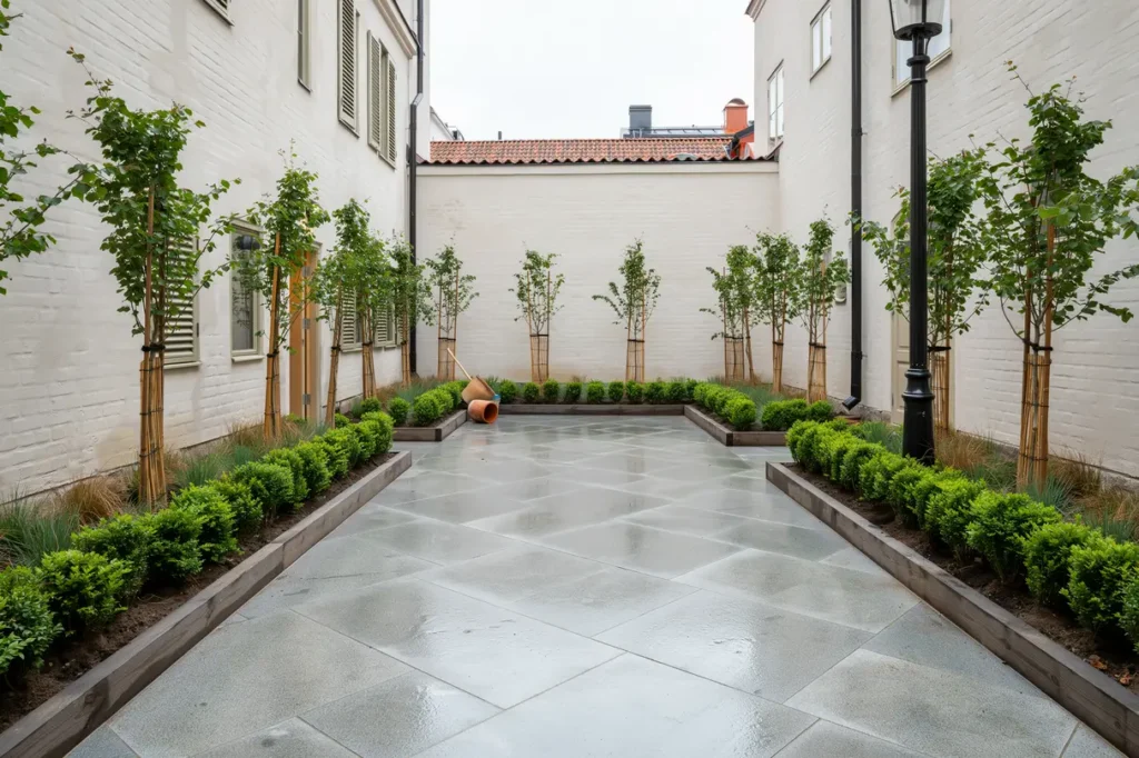 renovering av innerg rd med marksten och planteringsytor i birkastan